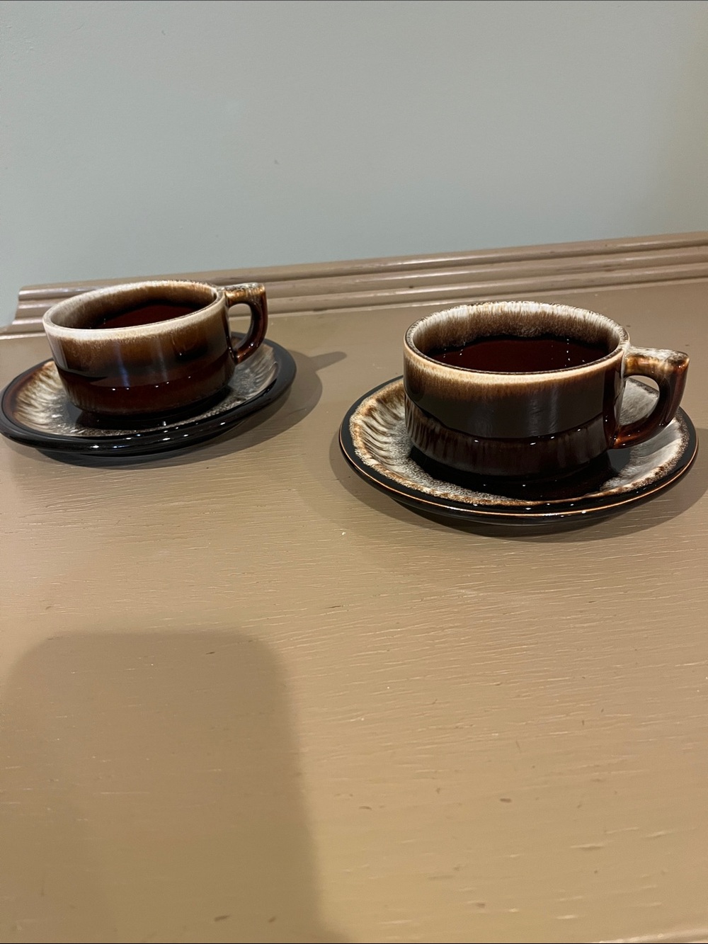 Vintage Pfaltzgraf USA Brown Drip Glaze Coffee cup and saucers set of 2.